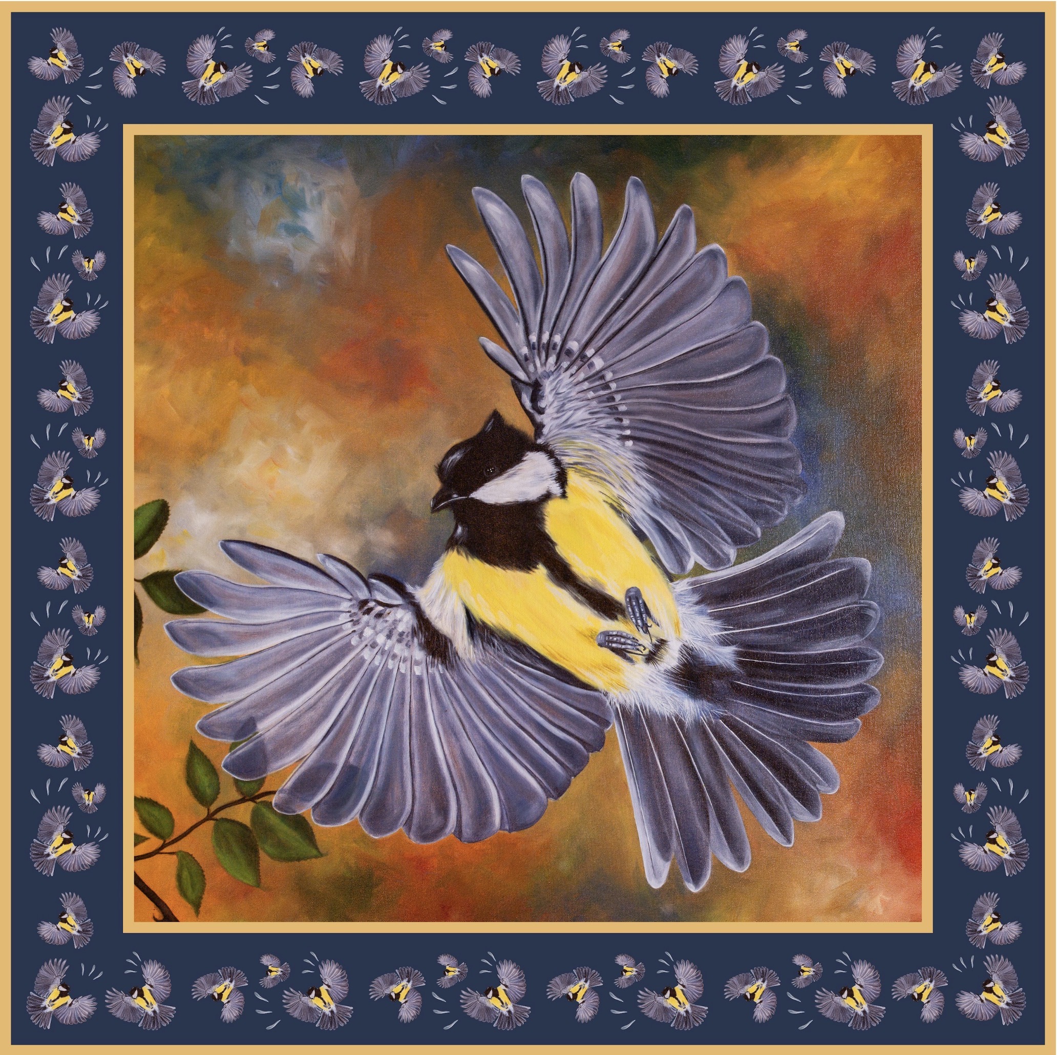 Bird In Flight silk scarf in navy blue with great tit bird and flying birds border
