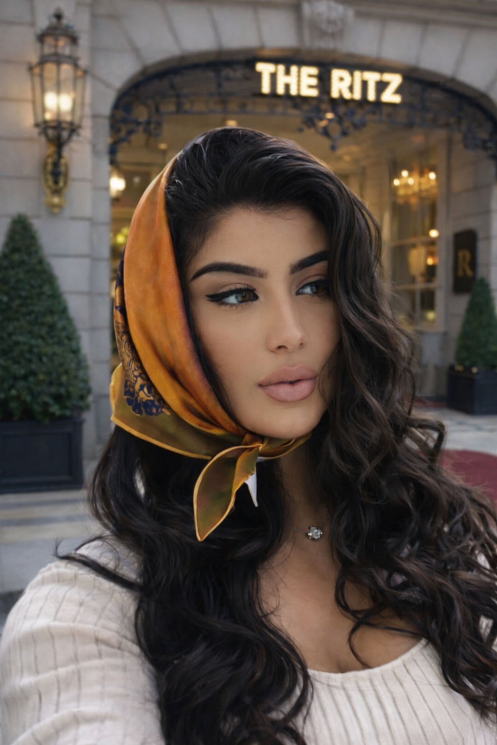 Woman wearing Bird In Flight silk scarf in gold colourway as a headscarf outside The Ritz London with cream knit sweater