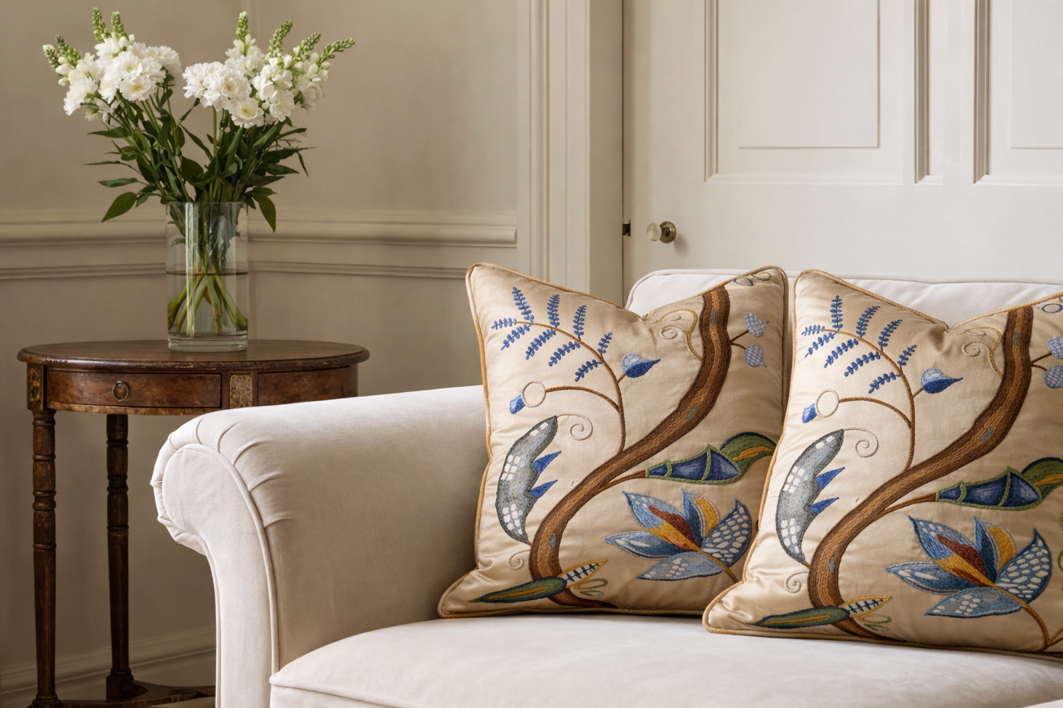 Pair of champagne silk cushions with crewel embroidered tree-of-life botanical design on a cream velvet sofa in a refined British interior with white flowers and paneled walls