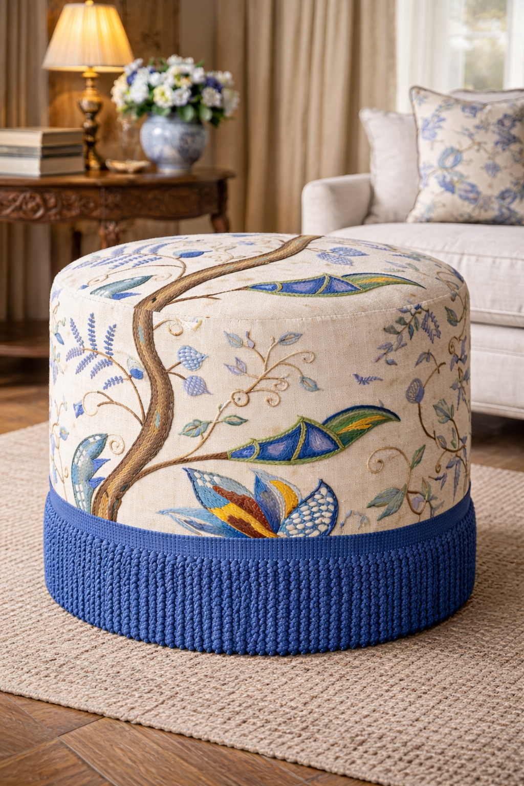 Round ottoman upholstered in crewel embroidered tree-of-life fabric with navy bullion fringe trim, styled in an elegant British living room with matching botanical cushion and antique side table