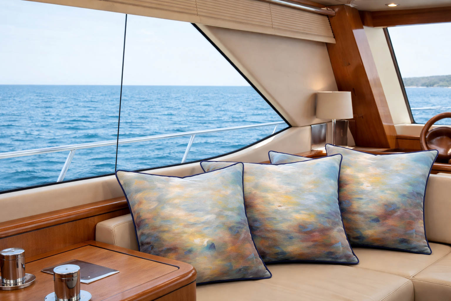 Three scatter cushions in soft impressionist abstract fabric with navy piping on cream leather yacht seating, Mediterranean sea visible through panoramic windows