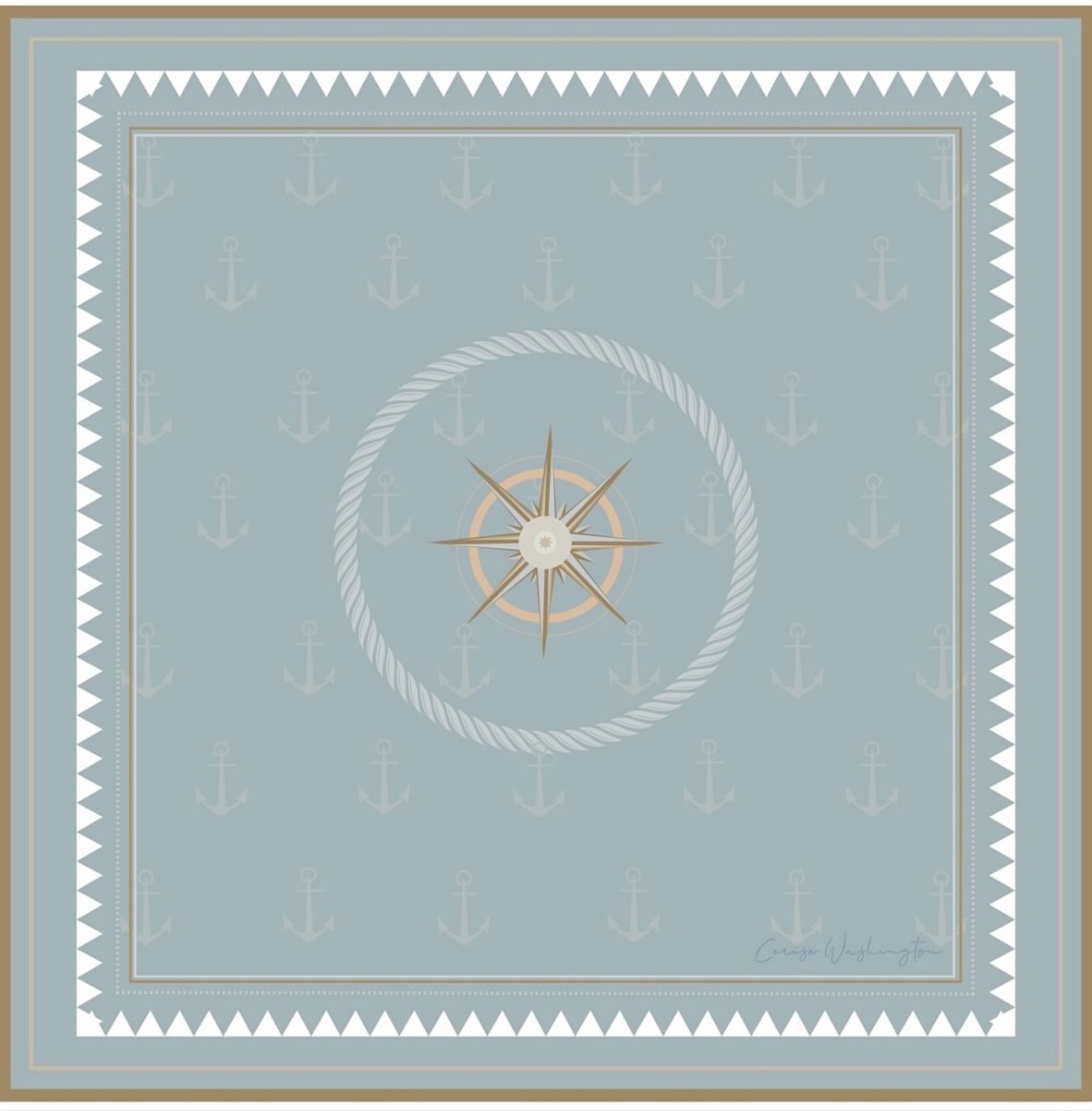 Nautical silk scarf in sage blue with anchor pattern and gold compass star