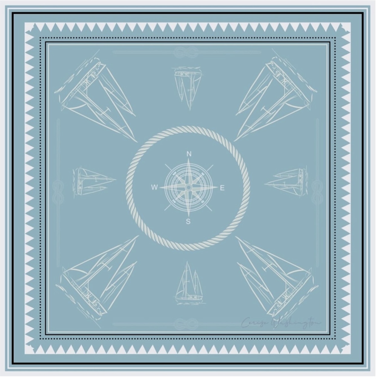 Nautical silk scarf in duck-egg blue with sailing yachts and compass rose