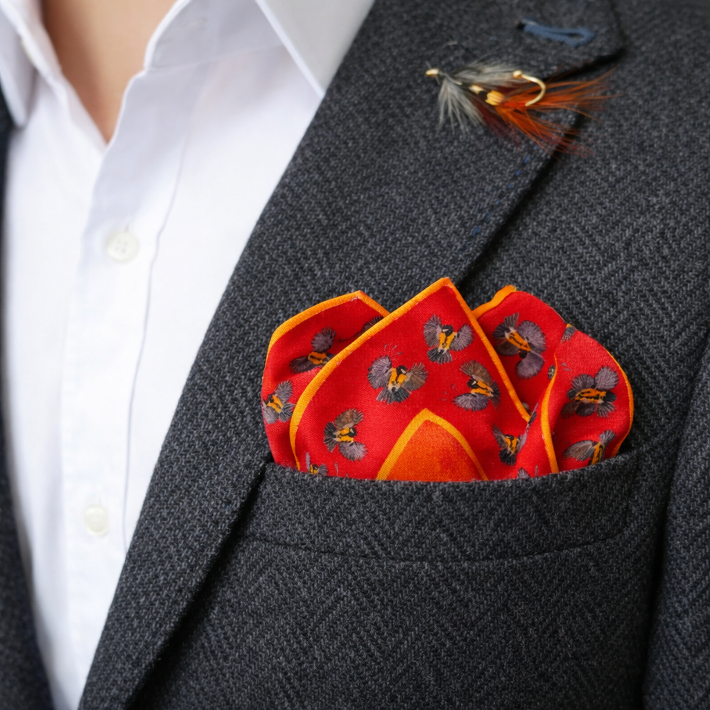 Red silk pocket square with Bird In Flight lavender flower and bee pattern in charcoal tweed jacket breast pocket with fly fishing lure pin