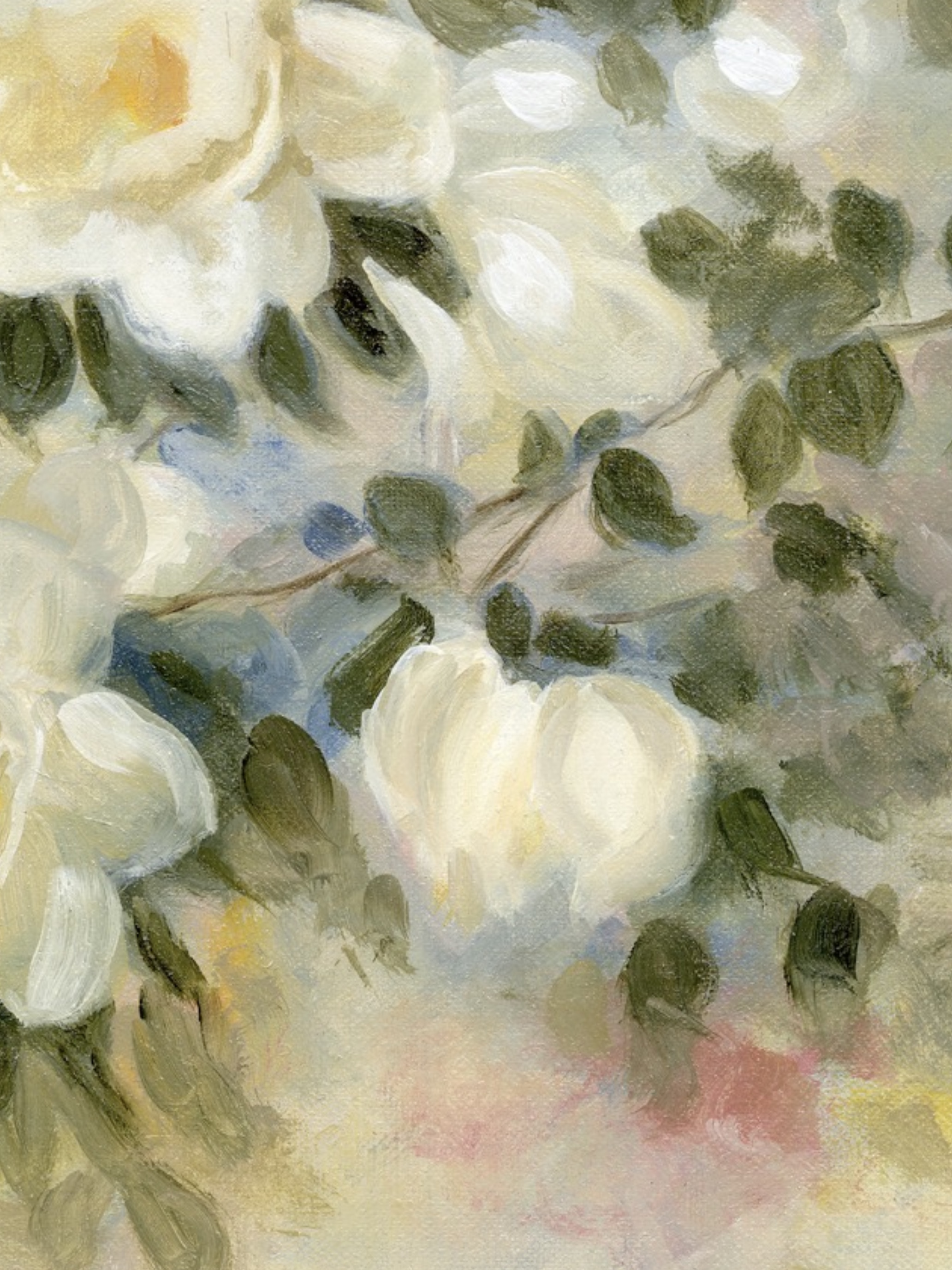 Close-up of white rose buds and leaves showing the texture of the canvas