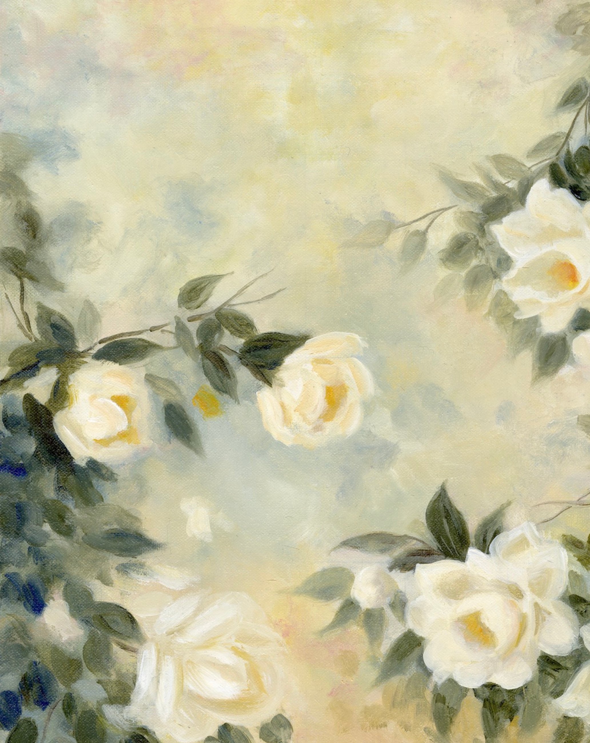 Detail of trailing white rose stems and sage leaves from the original oil painting